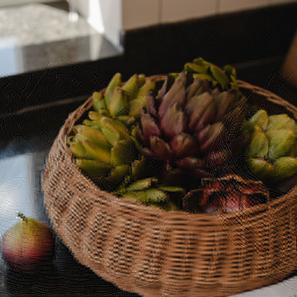 Woven Bowl with Faux Artichokes, Figs & Moss