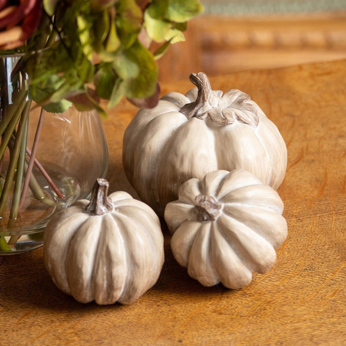Set Of Three Carved Wood Effect Pumpkins