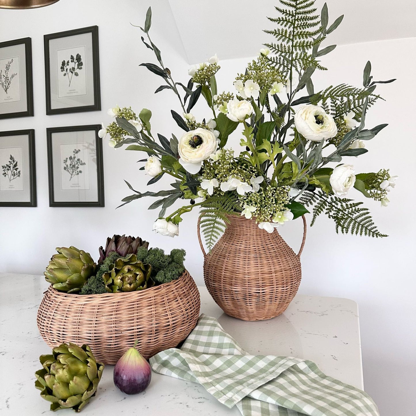 Woven Bowl with Faux Artichokes, Figs & Moss