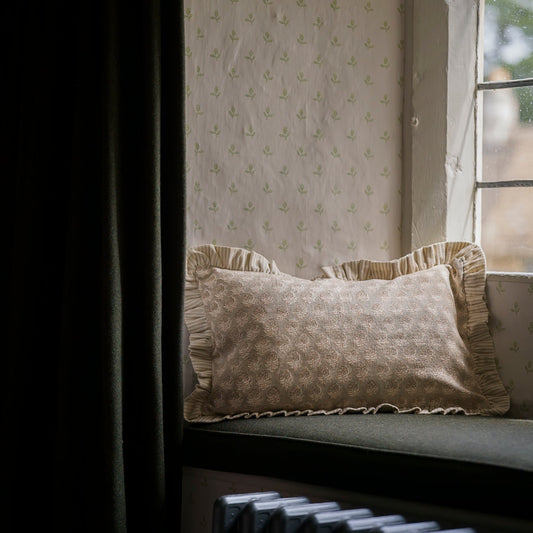Block Print Frill Cushion – Taupe