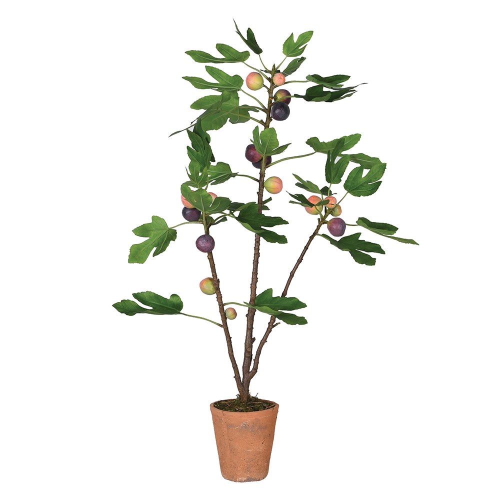 Artificial potted plant with green leaves and small fruits on a white background
