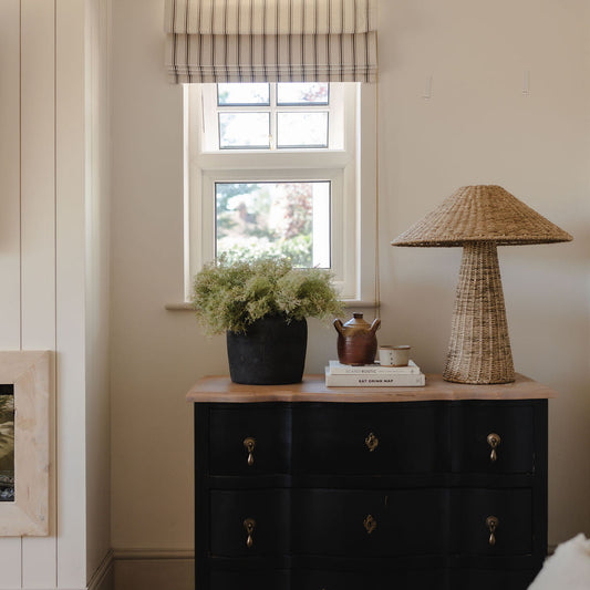 Black dresser with a lamp and plant in a room with a window and white walls.