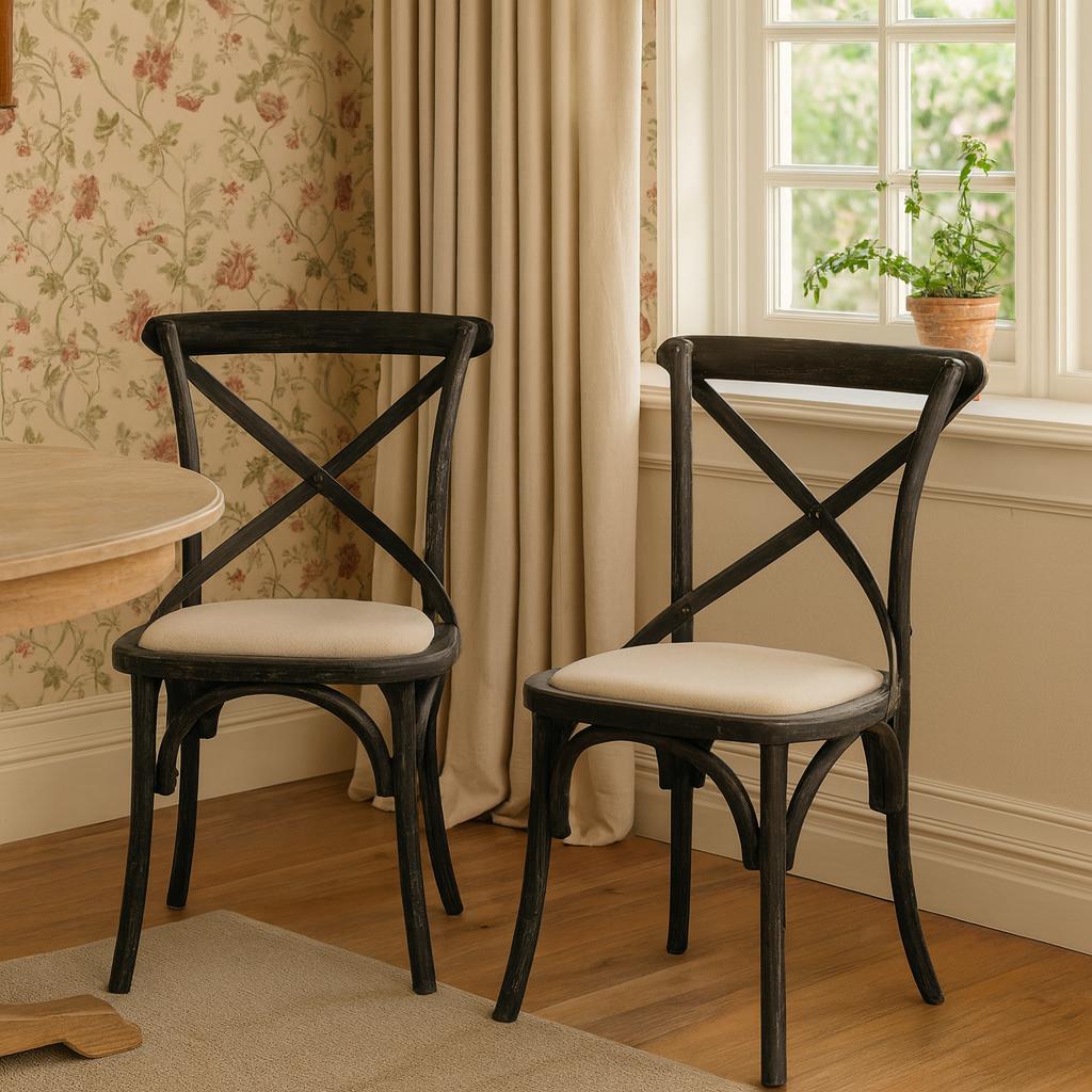 Set of 2 Black Linen Bistro Chairs